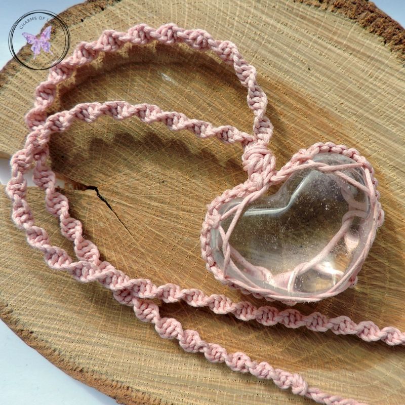 Clear Quartz Heart Macrame Necklace - Baby Pink Cord